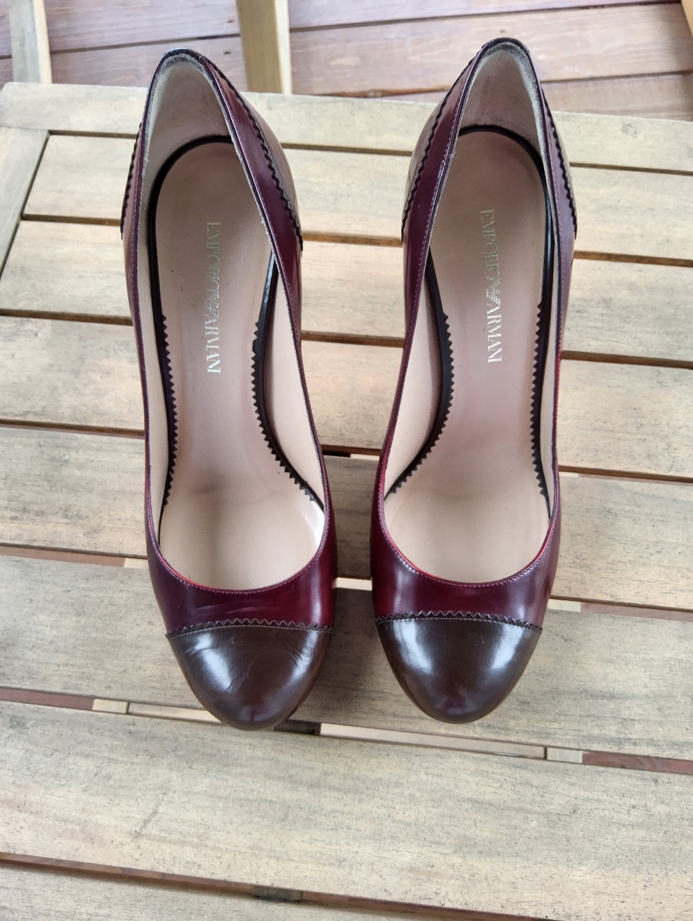 Emporio Armani Two-Tone Burgundy and Dark Brown Leather Pumps